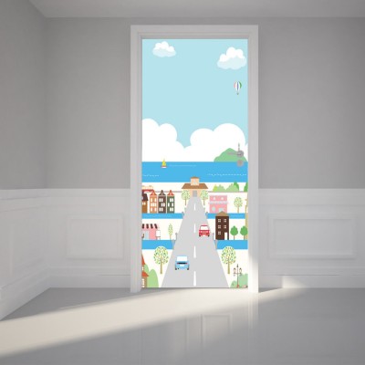Door Mural Wall Sticker Coastal City - Self Adhesive Door Wrap Bubble Free    263760657566